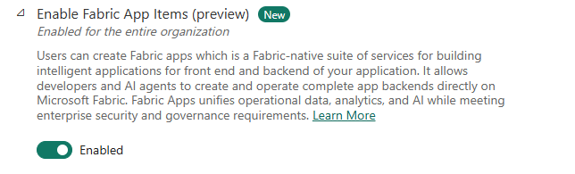 The Fabric admin portal tenant setting Enable Fabric App Items (preview), switched to Enabled for the entire organization