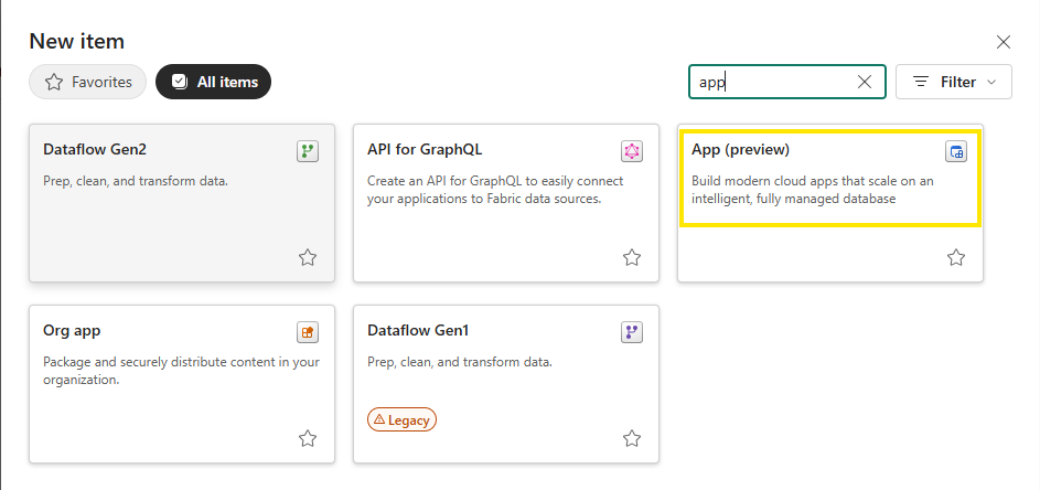 The Fabric New item dialog searched for app, with the App (preview) tile highlighted