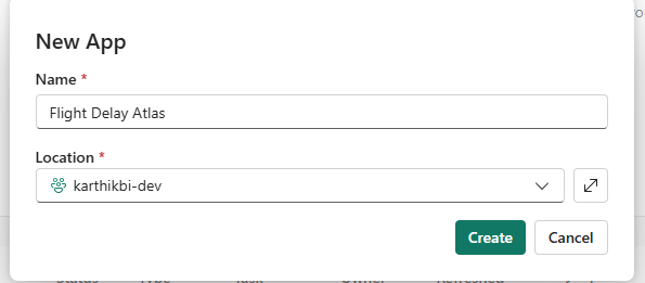 The New App dialog with the name Flight Delay Atlas and the karthikbi-dev workspace as location