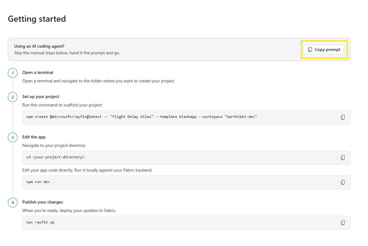 The Getting started section of the Fabric App item page, with the Copy prompt button for AI coding agents highlighted above the manual setup steps
