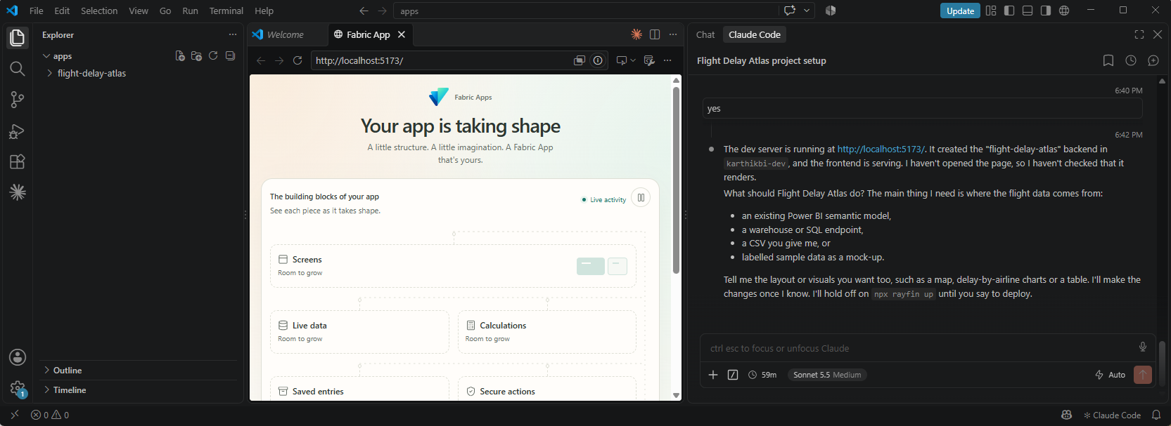 VS Code with the scaffolded Fabric App running on localhost in a browser tab and Claude Code asking where the flight data comes from