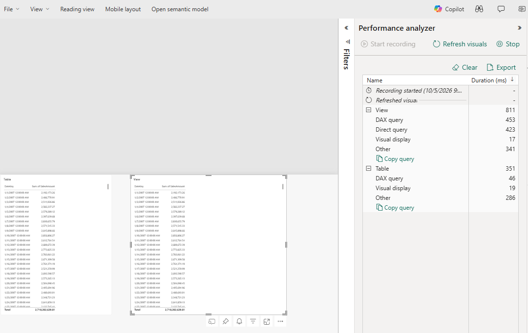 Performance Analyzer: a Direct query step on the view, none on the table