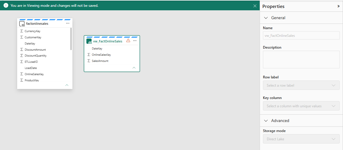 The view-based table, storage mode Direct Lake