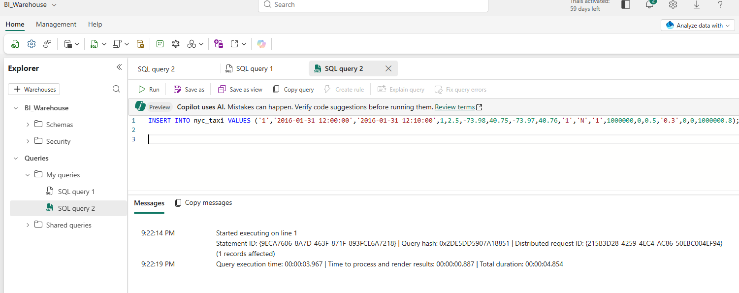 The insert statement, 1 record affected
